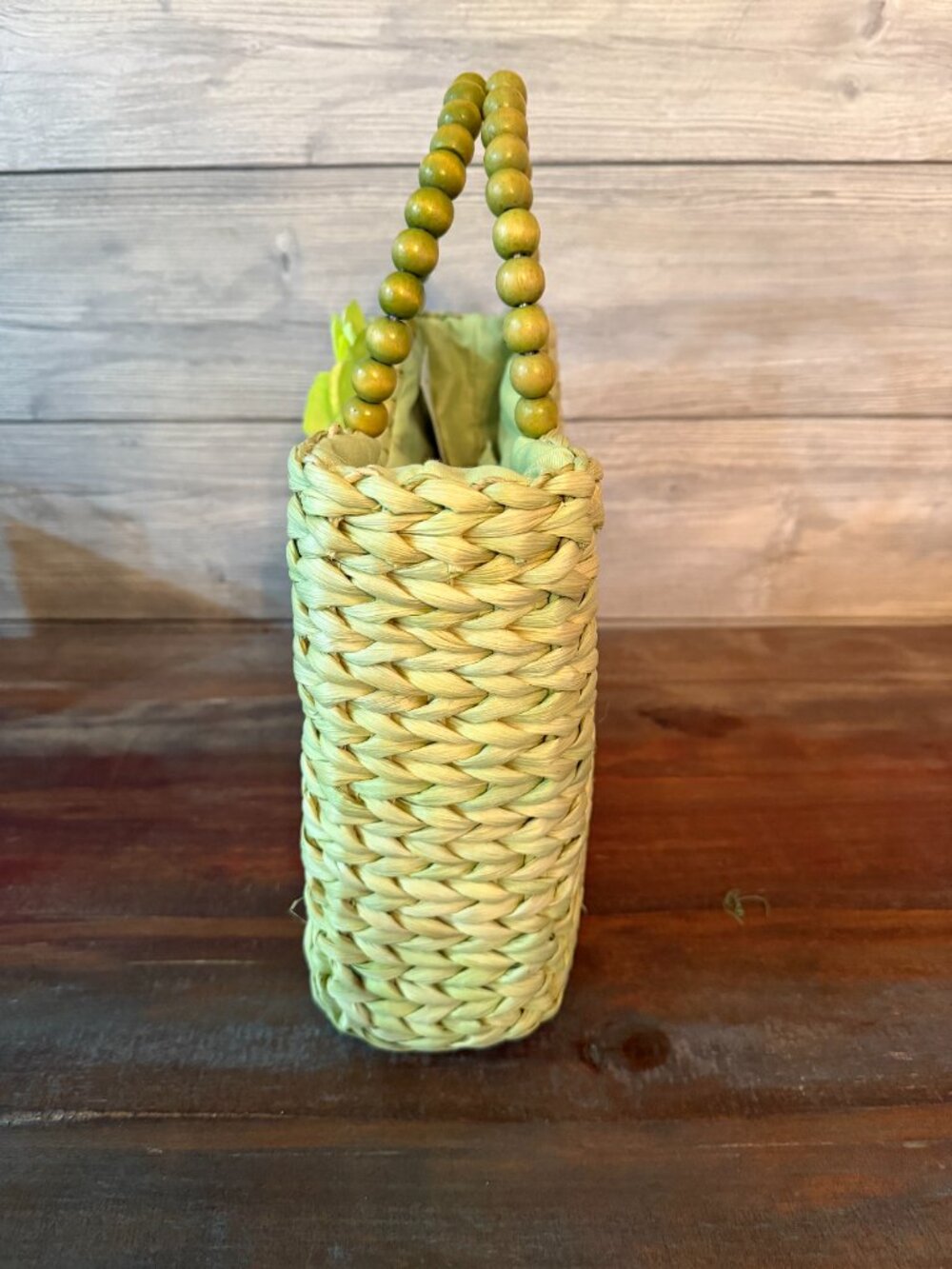 Alma Tonutti Handwoven Straw Bag Green Floral Beaded Handle Spring Easter Boho - Picture 7 of 8
